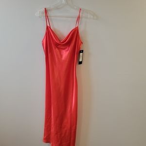 bebe satin cowl neck slip midi dress